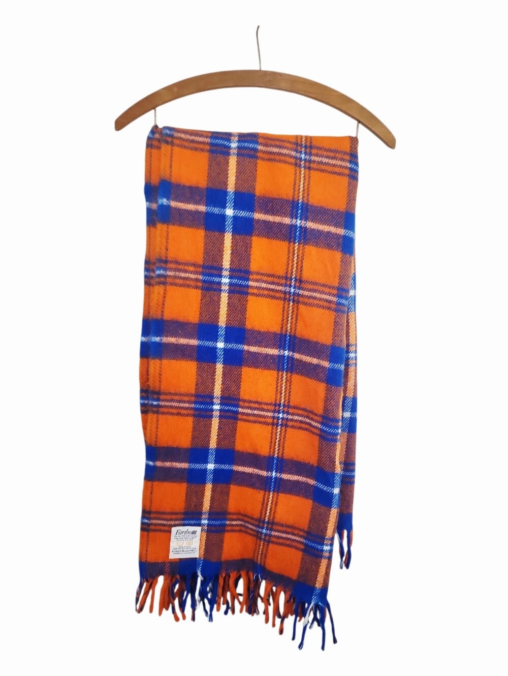 Vintage 70's Faribo Orange & Blue Tartan Plaid Throw Blanket Camp Stadium Picnic